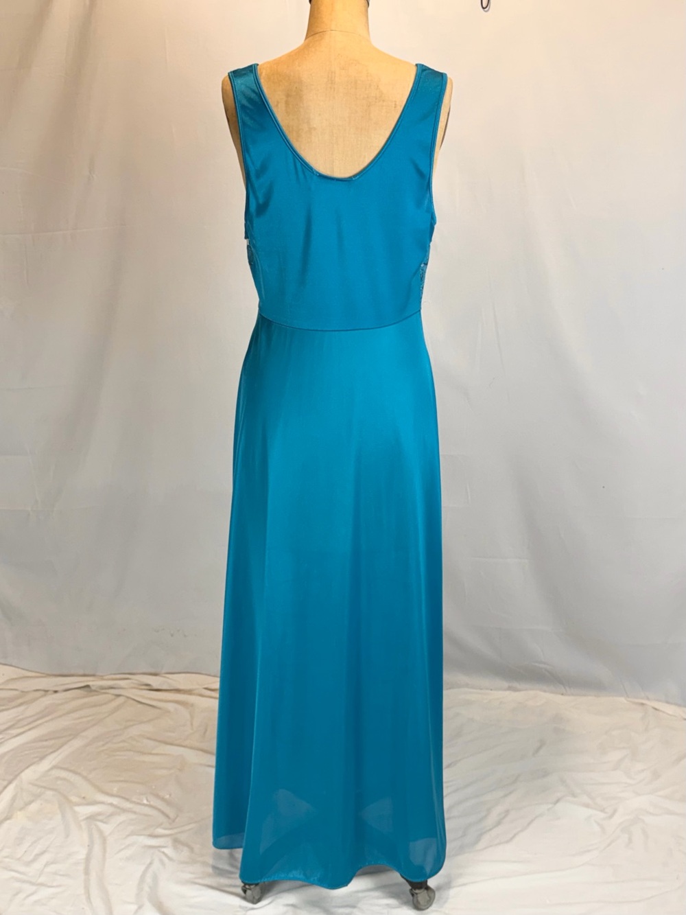 VINTAGE 80s lace floral bodice slip dress nightgown long maxi evening teal blue‎ - Picture 5 of 9